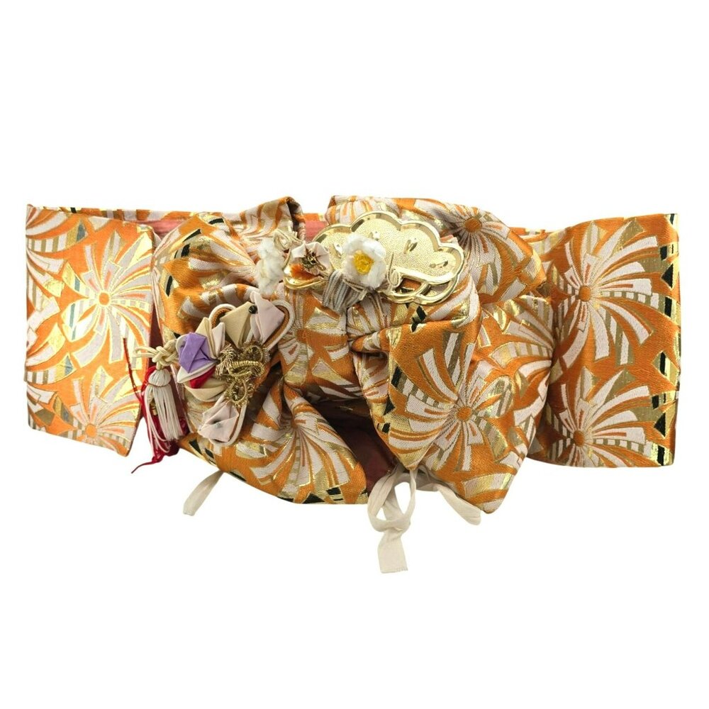 Vintage Orange Brocade Obi Kimono Belt With Floral Embellishments & Gold  JE253